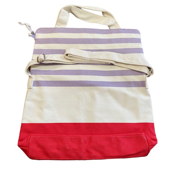 Pureology Handbags - Pureology Tote Bag Striped Canvas Red Purple White Shoulder And Hand Strap Zip